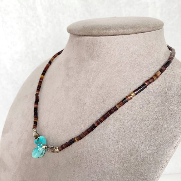 Sterling Silver Turquoise Heishi Beads Necklace Genuine Gemstones Nugget Pendant - Picture 3 of 5